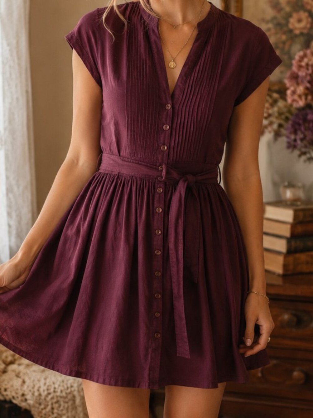 Kimchi Blue Plum Button Front Mini Dress Tie Waist Cottagecore XS - Picture 12 of 12